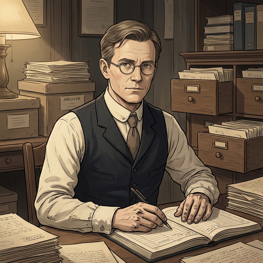 Formal Clerk seated at a desk in an orderly archive office
