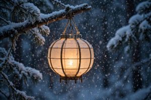 A round paper lantern glowing warmly, hanging from a snow-covered pine branch in falling snow
