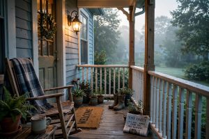 A misty morning porch with a lit wall lantern, a rocking chair with a plaid blanket, and a steaming coffee mug