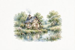 Watercolor painting of a small cottage by a pond with willow trees, surrounded by a wide white margin
